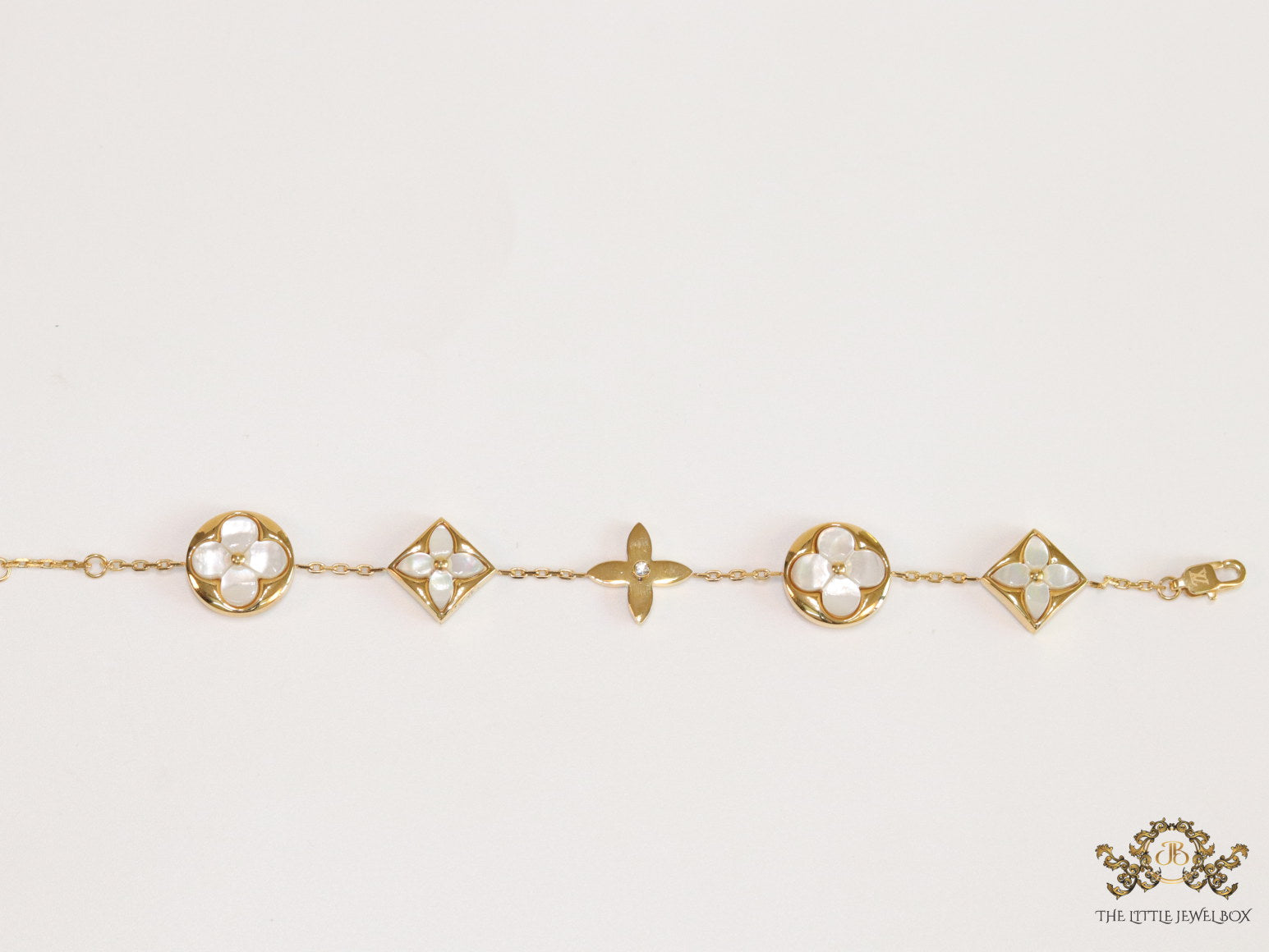 Gold plated chain bracelet with MOP clovers XL