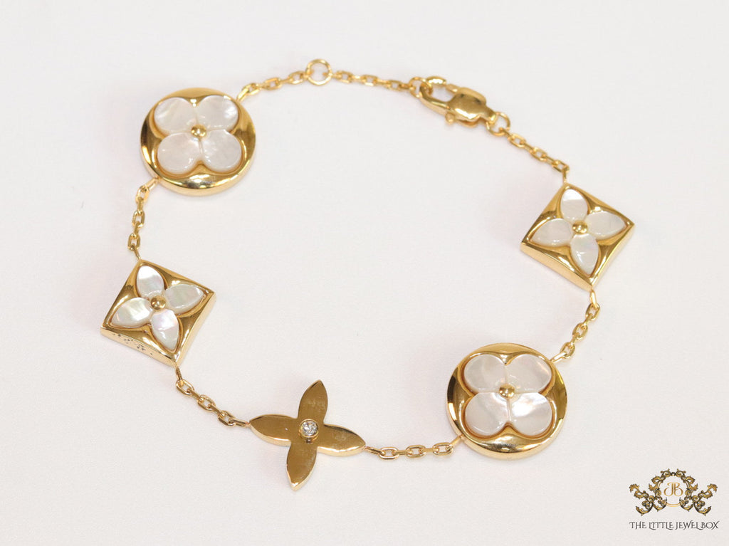 Gold plated chain bracelet with MOP clovers XL