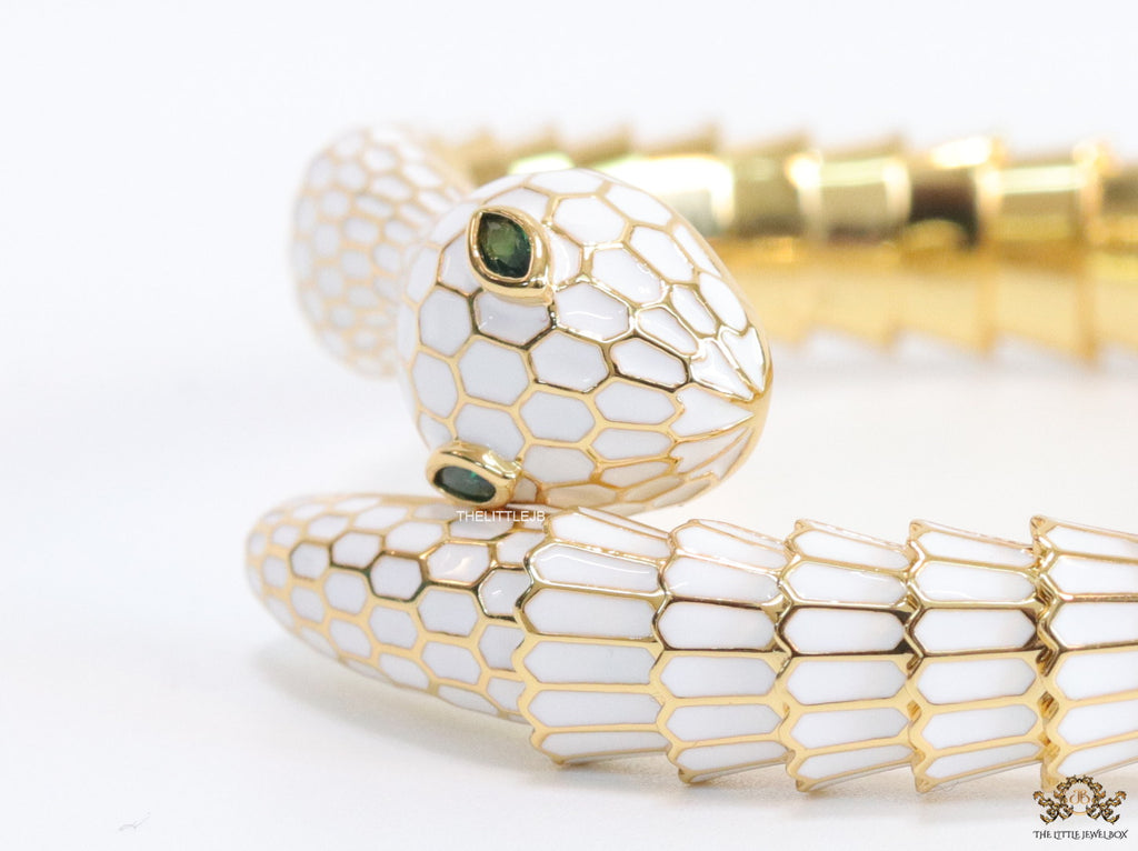 snake open bracelet in white enamel and golden finish
