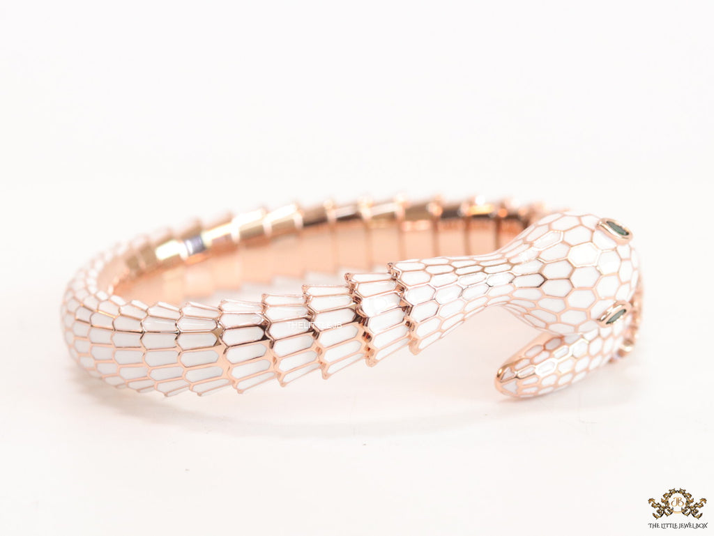 snake open bracelet in white enamel and rose golden finish