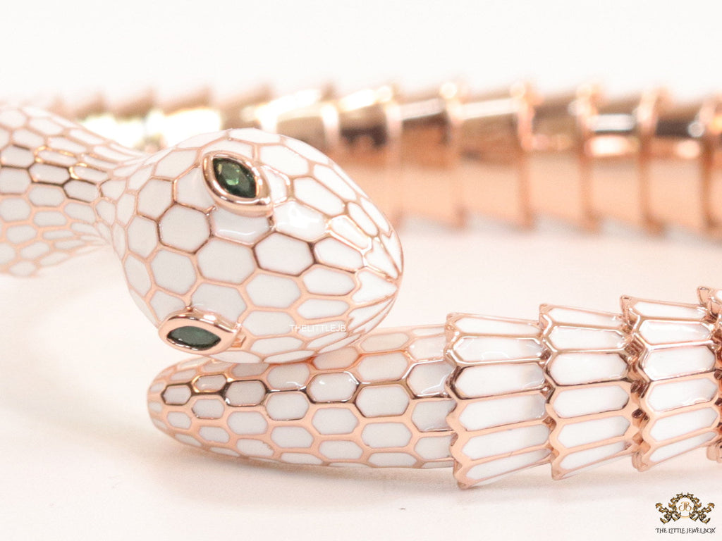 snake open bracelet in white enamel and rose golden finish