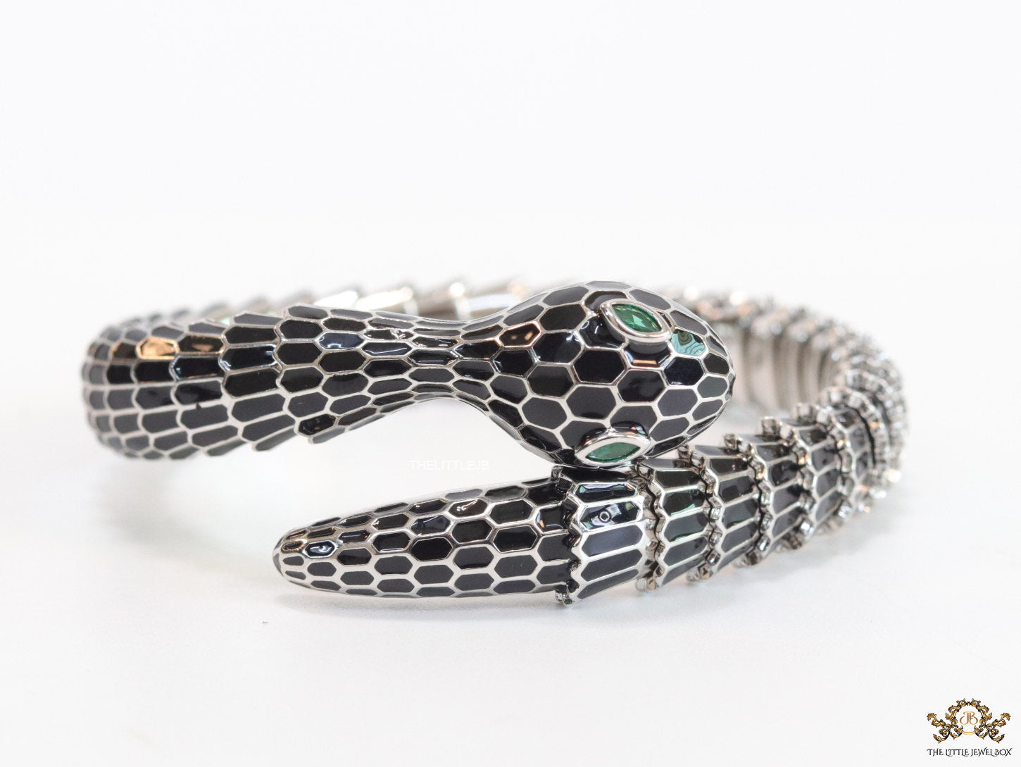 Serpentine open bracelet in black enamel and platinum finish