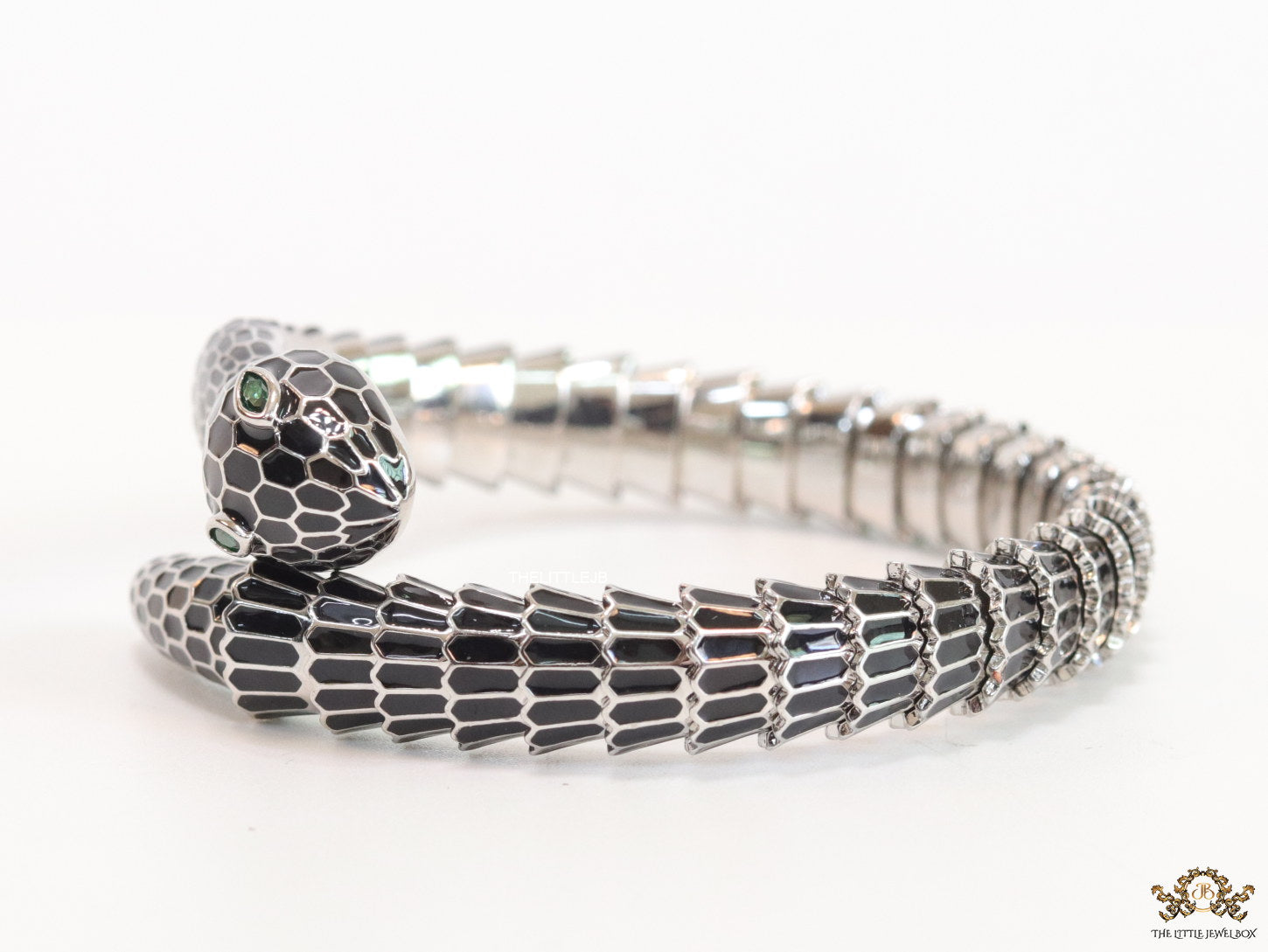 Serpentine open bracelet in black enamel and platinum finish