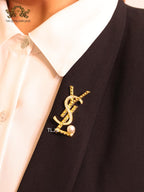 Alphabet Y gold brooch with pearl