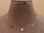 Gold plated necklace set with cz and malachite green clovers
