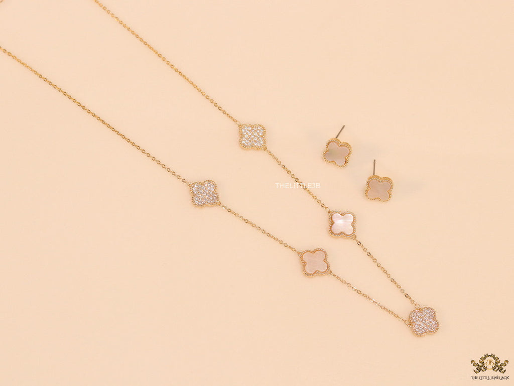 Gold plated necklace set with cz and mother of pearl clovers