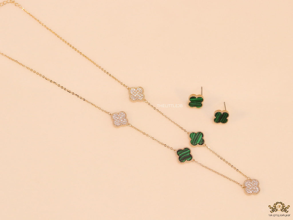 Gold plated necklace set with cz and malachite green clovers