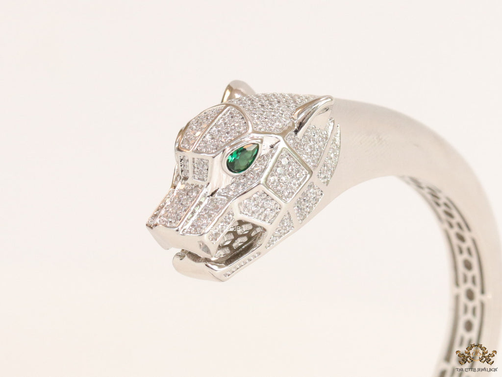 Platinum plated open panther bracelet with cz