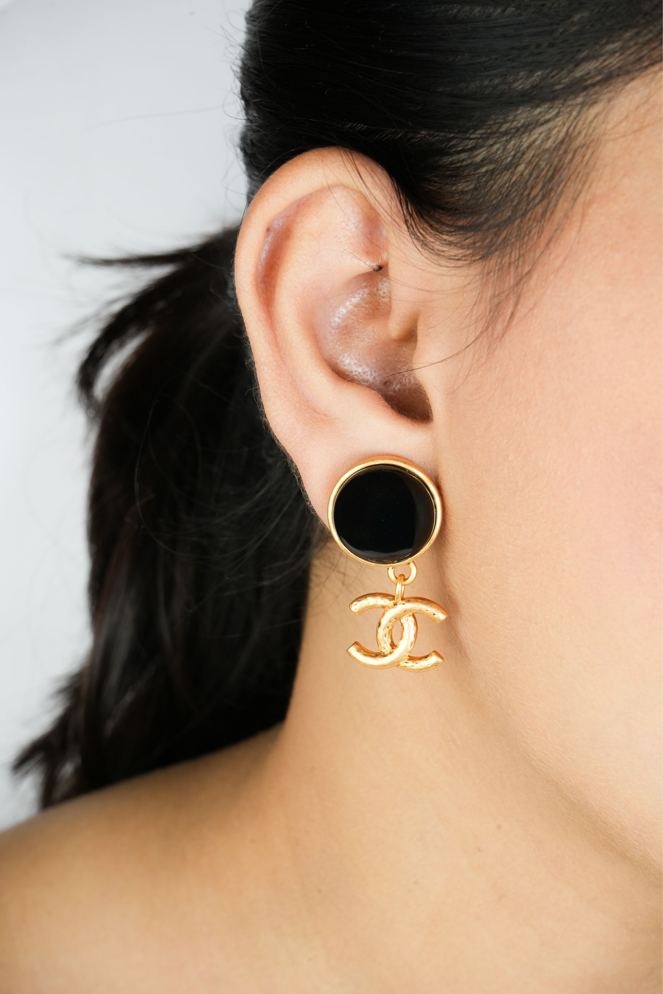 Double C Matt Gold Studs with Black Round Stone | Chic Fashion Earrings