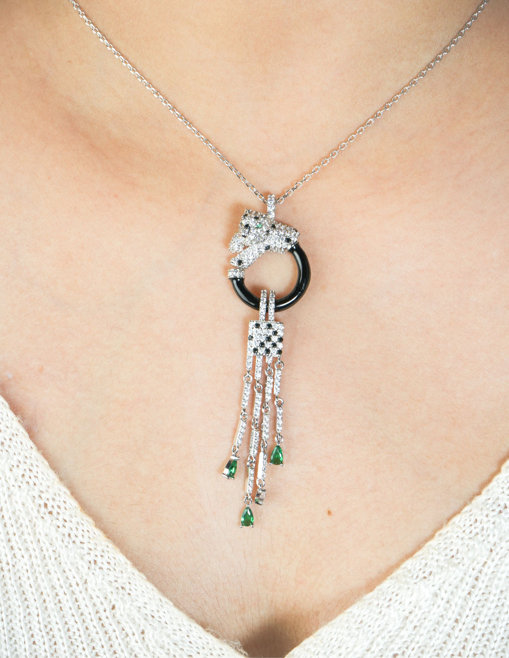 Alphabet C Panther Chain Set in Platinum with Black Circle Green Drops | Luxury Jewelry Set
