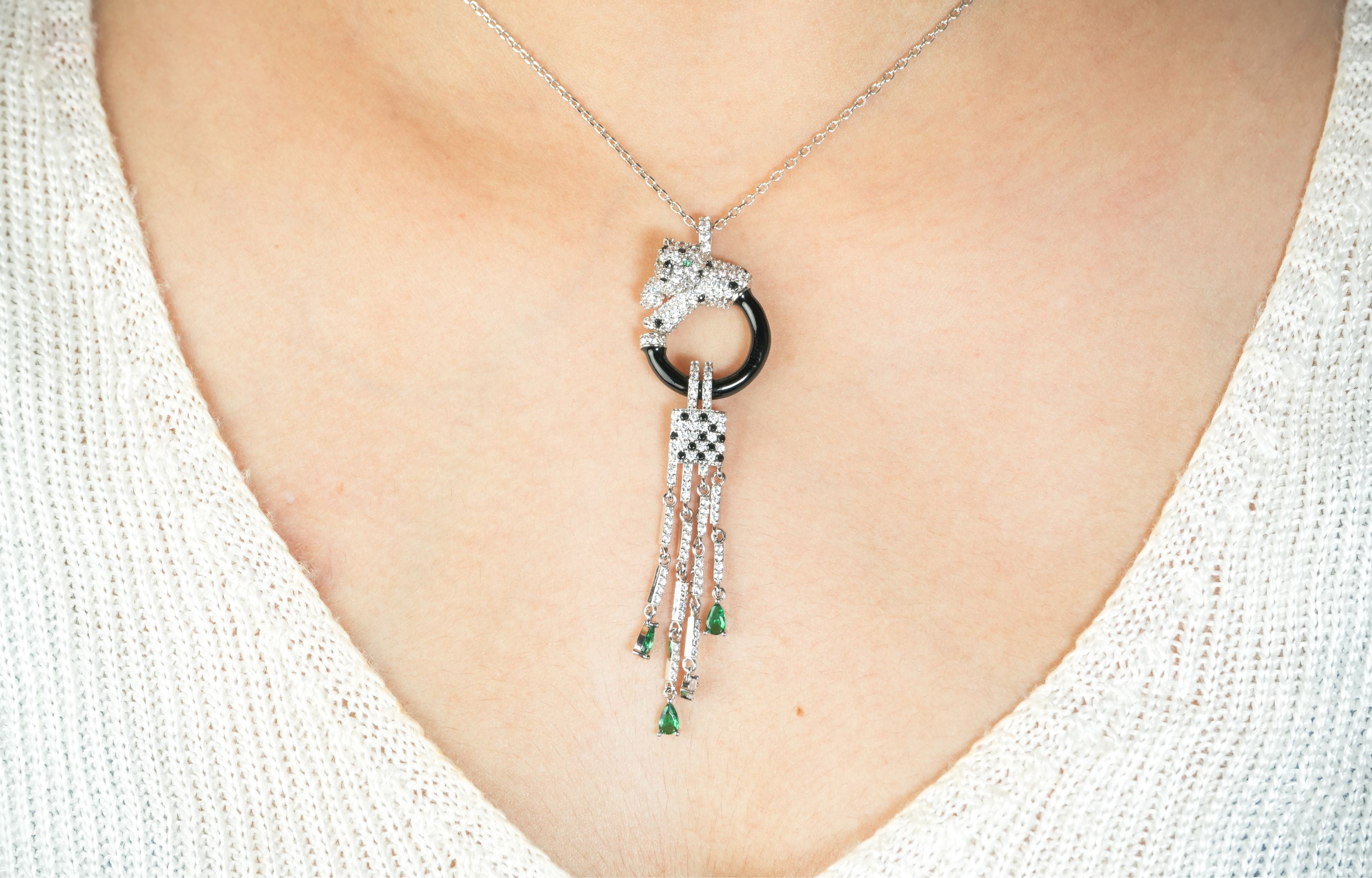 Alphabet C Panther Chain Set in Platinum with Black Circle Green Drops | Luxury Jewelry Set