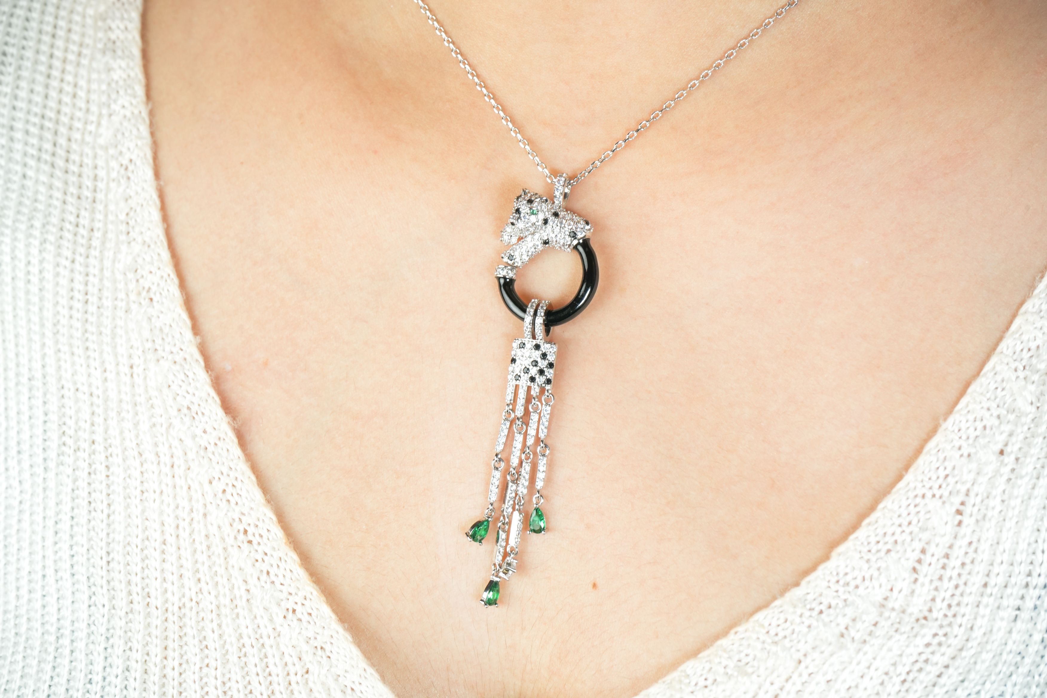 Alphabet C Panther Chain Set in Platinum with Black Circle Green Drops | Luxury Jewelry Set