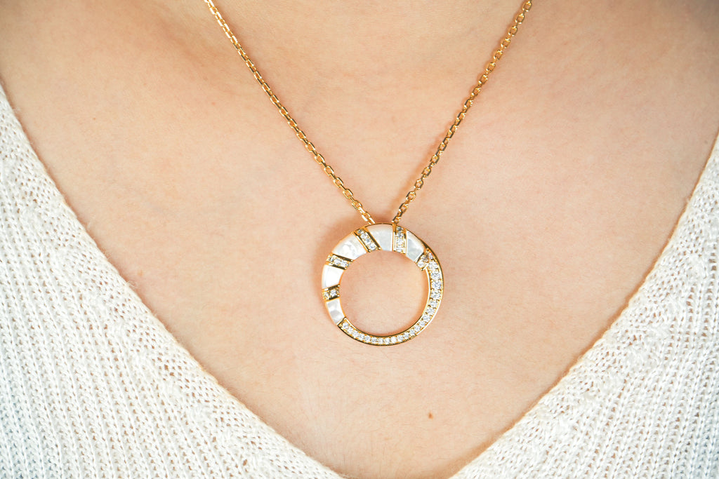 Alphabet BVL White MOP CZ Pendant Set with Gold Chain | Designer Jewelry Set