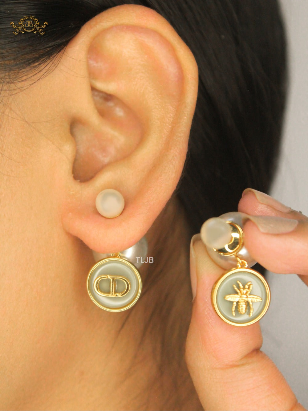 alphabet CD combo web pastel green pearl bomber earrings