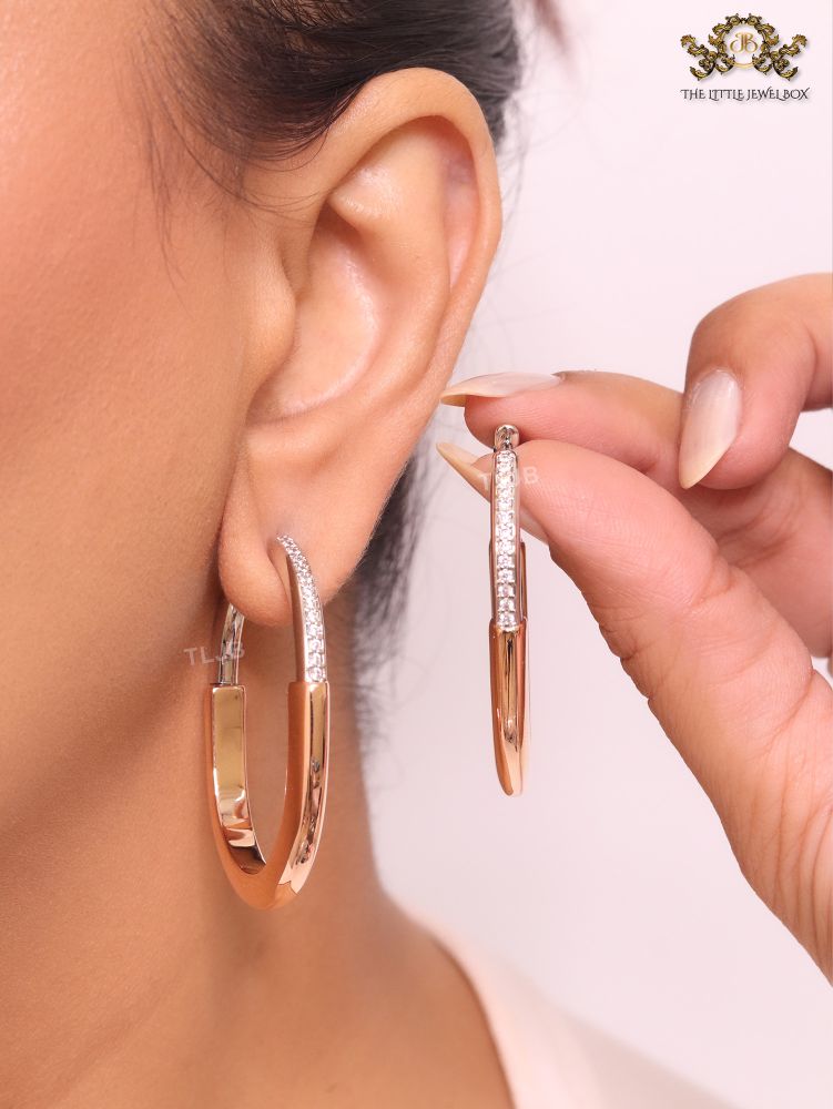Alphabet T & Co. dual tone rose gold and cz oval hoops