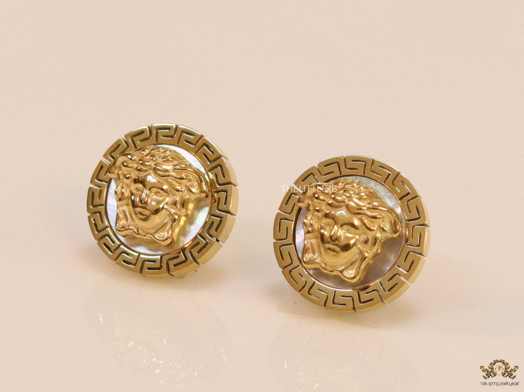 Gold plated Medusa studs in white enamel coating