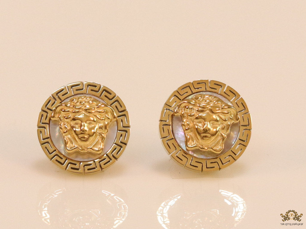 Gold plated Medusa studs in white enamel coating