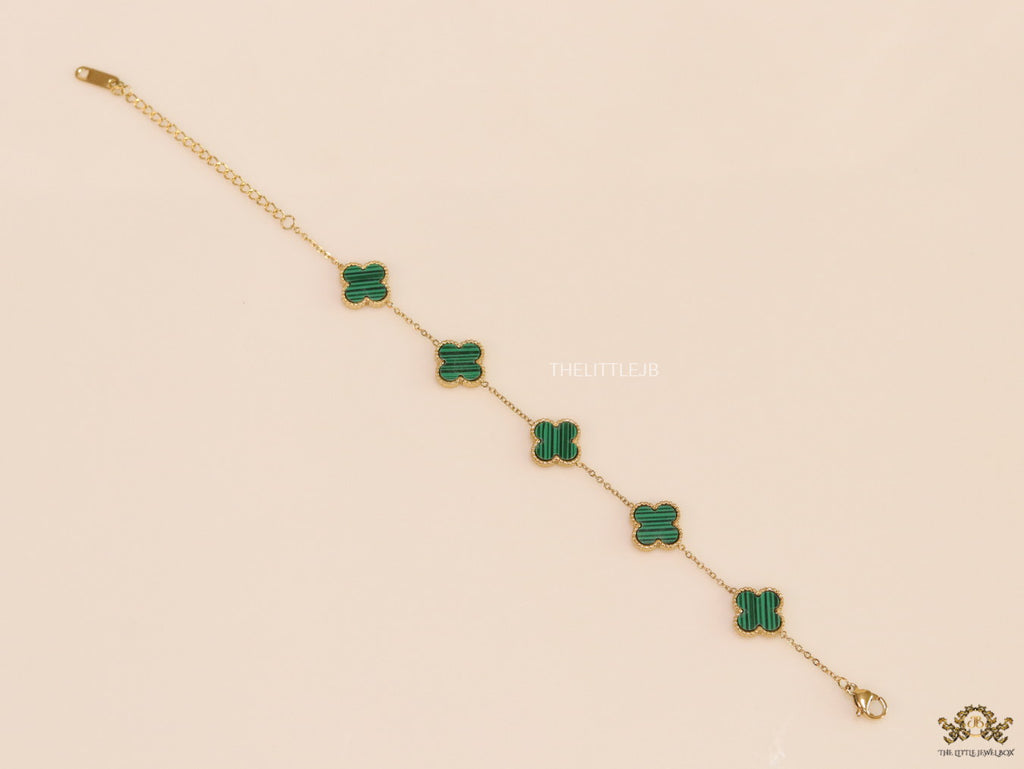 Openable chain bracelet with green malachite clovers