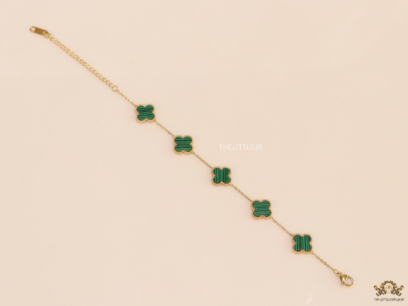 Openable chain bracelet with green malachite clovers