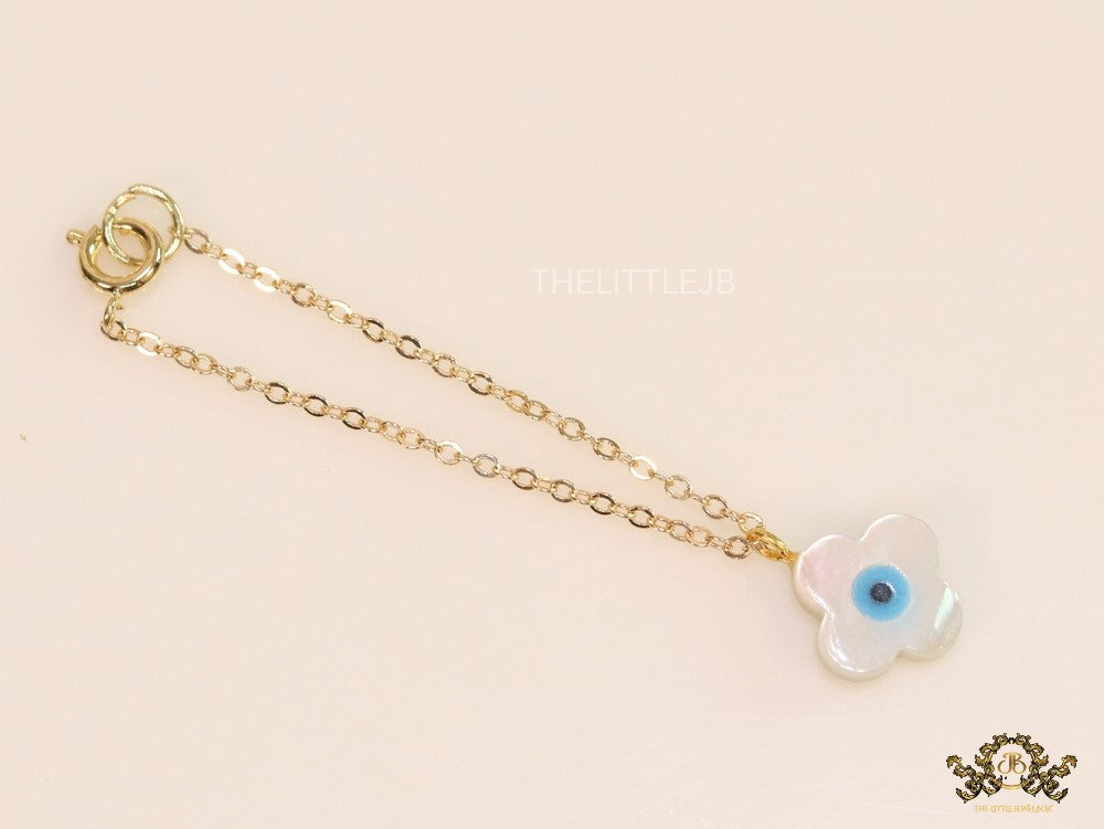 Clover leaf shaped mother of pearl watch charm with evil eye and gold plated chain