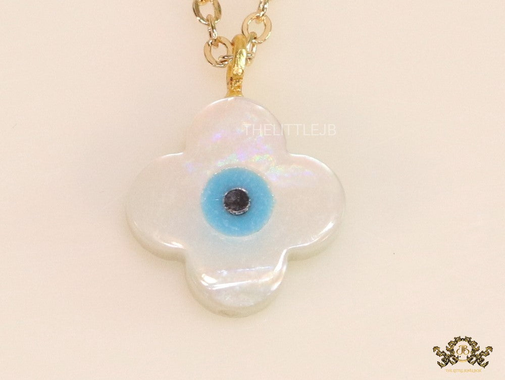 Clover leaf shaped mother of pearl watch charm with evil eye and gold plated chain