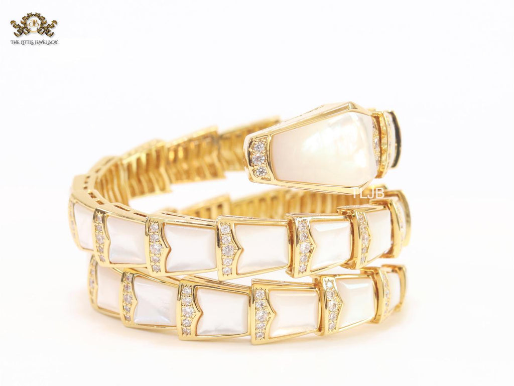 snake white and gold cz 3 layer bracelet