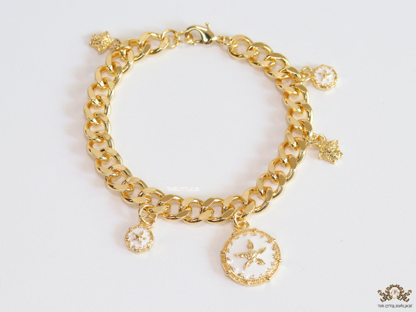 Gold plated link chain charm bracelet