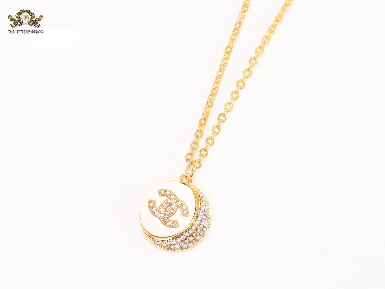 Double C cz and white enamel gold round chain