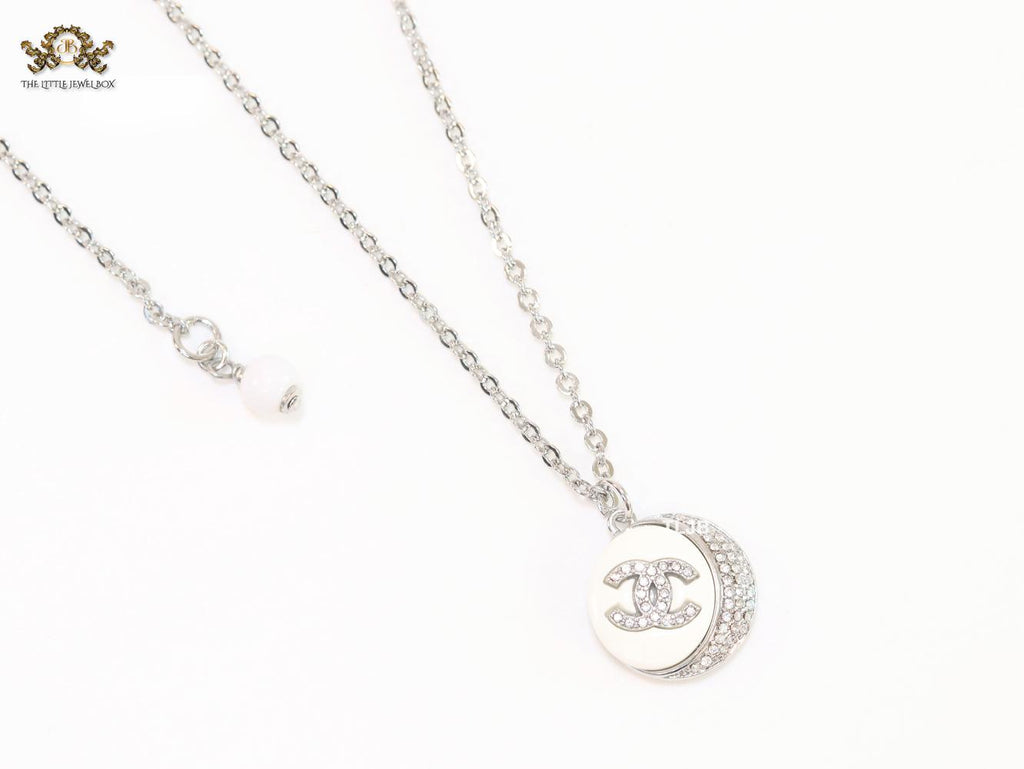 Double C cz and white enamel platinum round chain