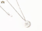 Double C cz and white enamel platinum round chain