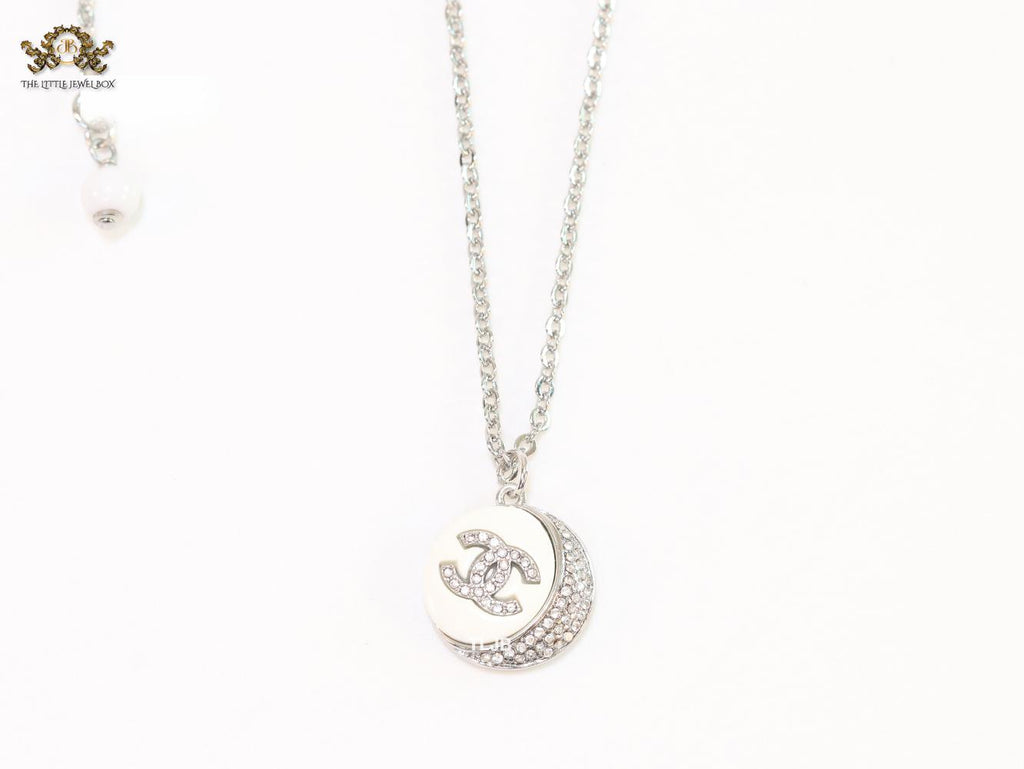Double C cz and white enamel platinum round chain