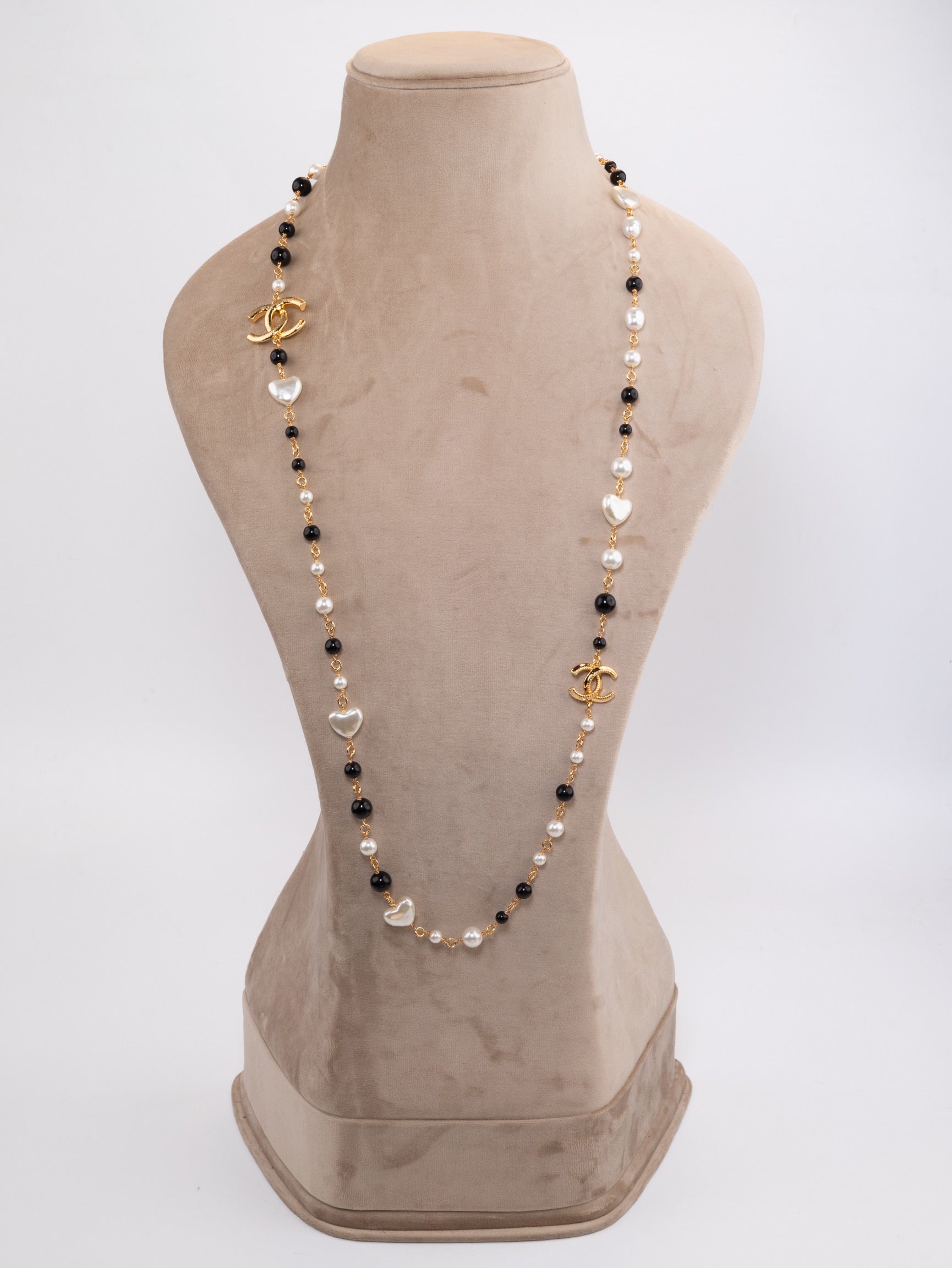 Gold Double C chain with Black beads, hearts and pearls