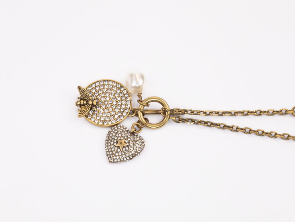 Rustic copper and pearl dragonfly and charms long chain