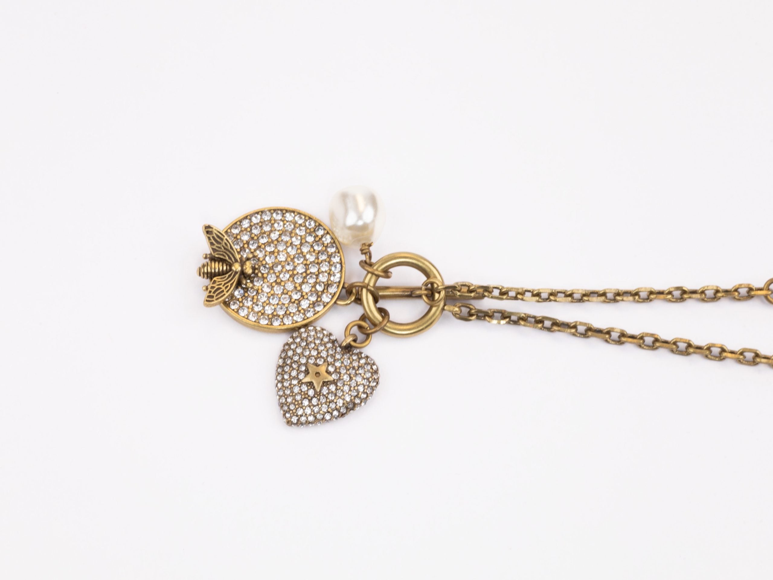 Rustic copper and pearl dragonfly and charms long chain