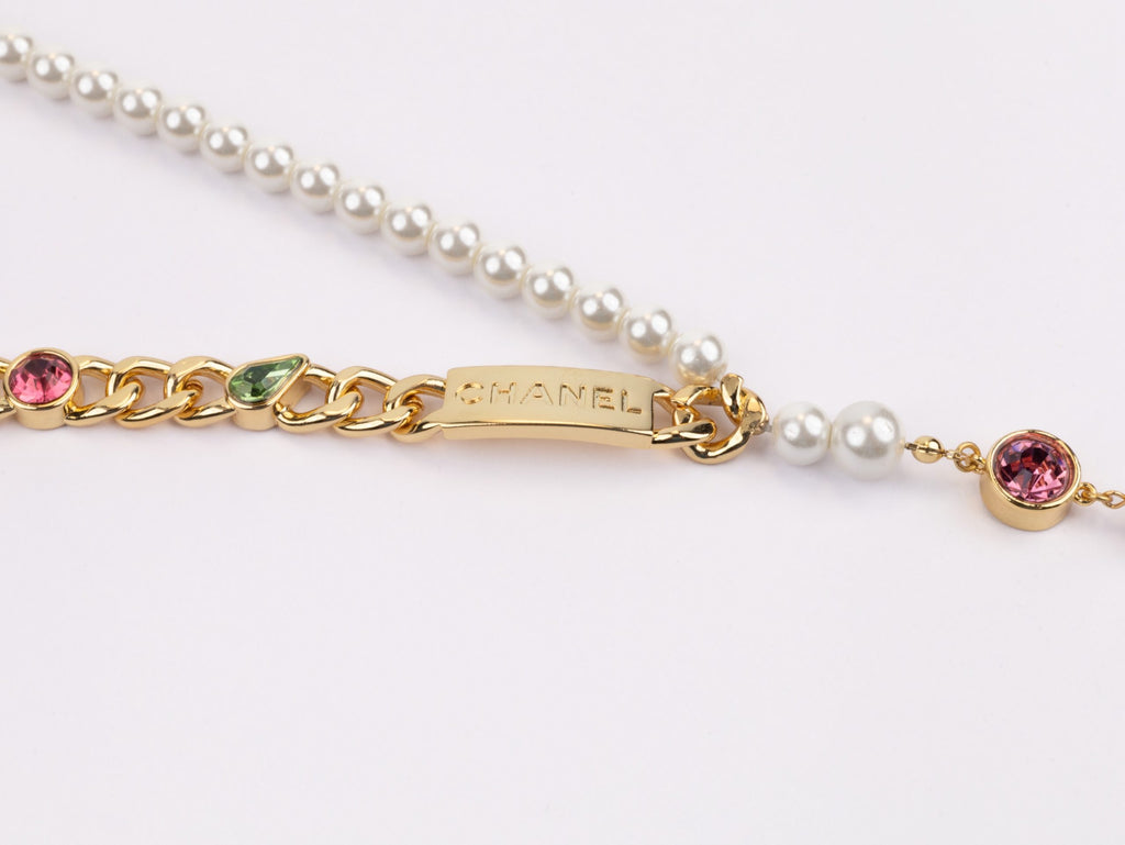 Half Gold and half Pearl Double C chain with mutlicolores stones and CZ