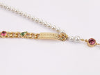 Half Gold and half Pearl Double C chain with mutlicolores stones and CZ