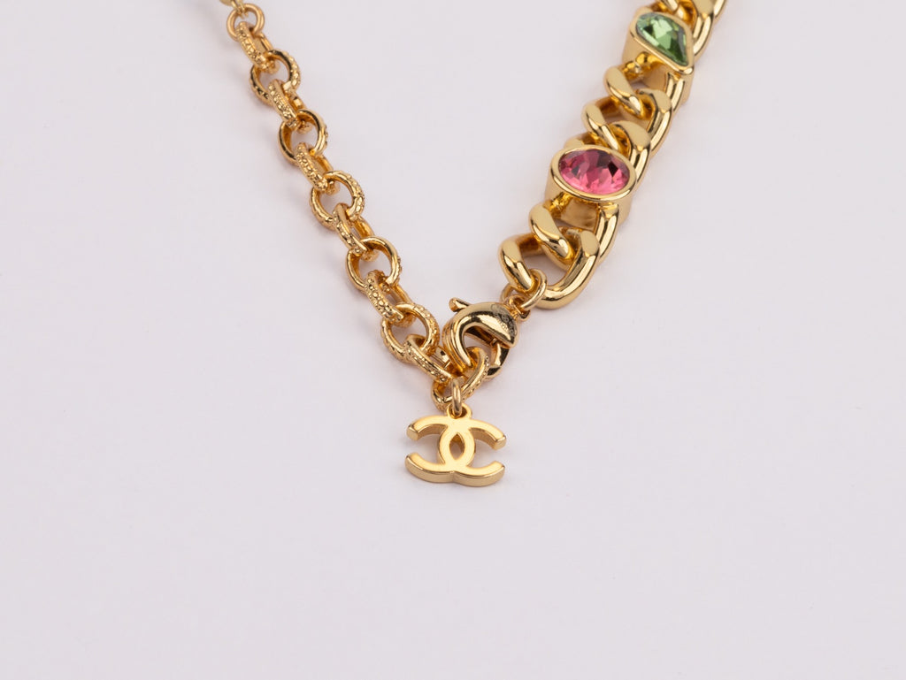 Half Gold and half Pearl Double C chain with mutlicolores stones and CZ