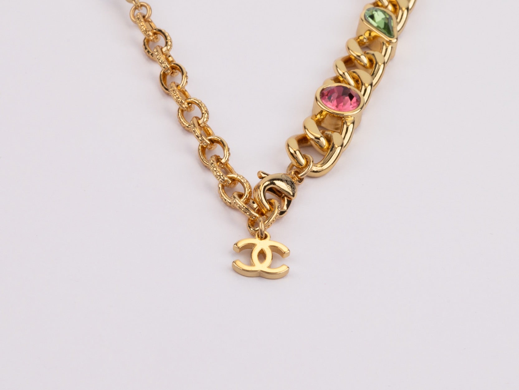 Half Gold and half Pearl Double C chain with mutlicolores stones and CZ