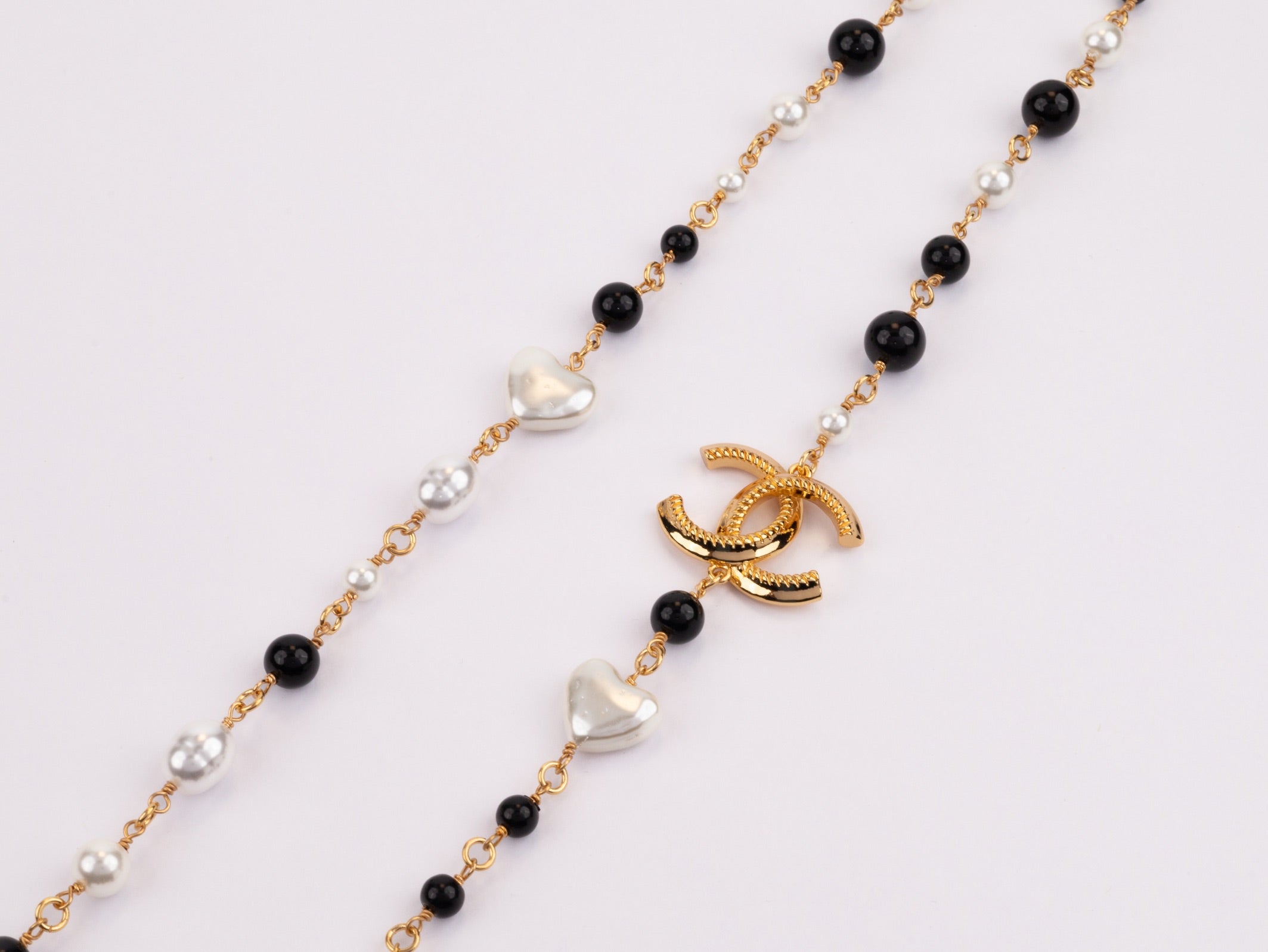 Gold Double C chain with Black beads, hearts and pearls