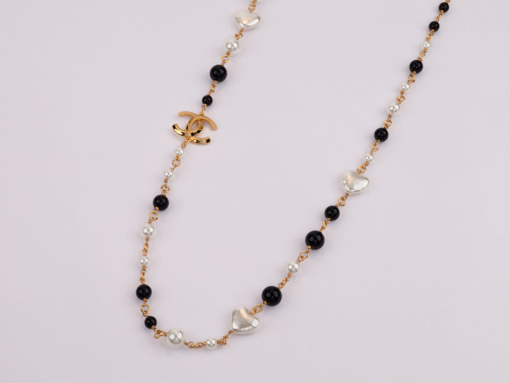Gold Double C chain with Black beads, hearts and pearls