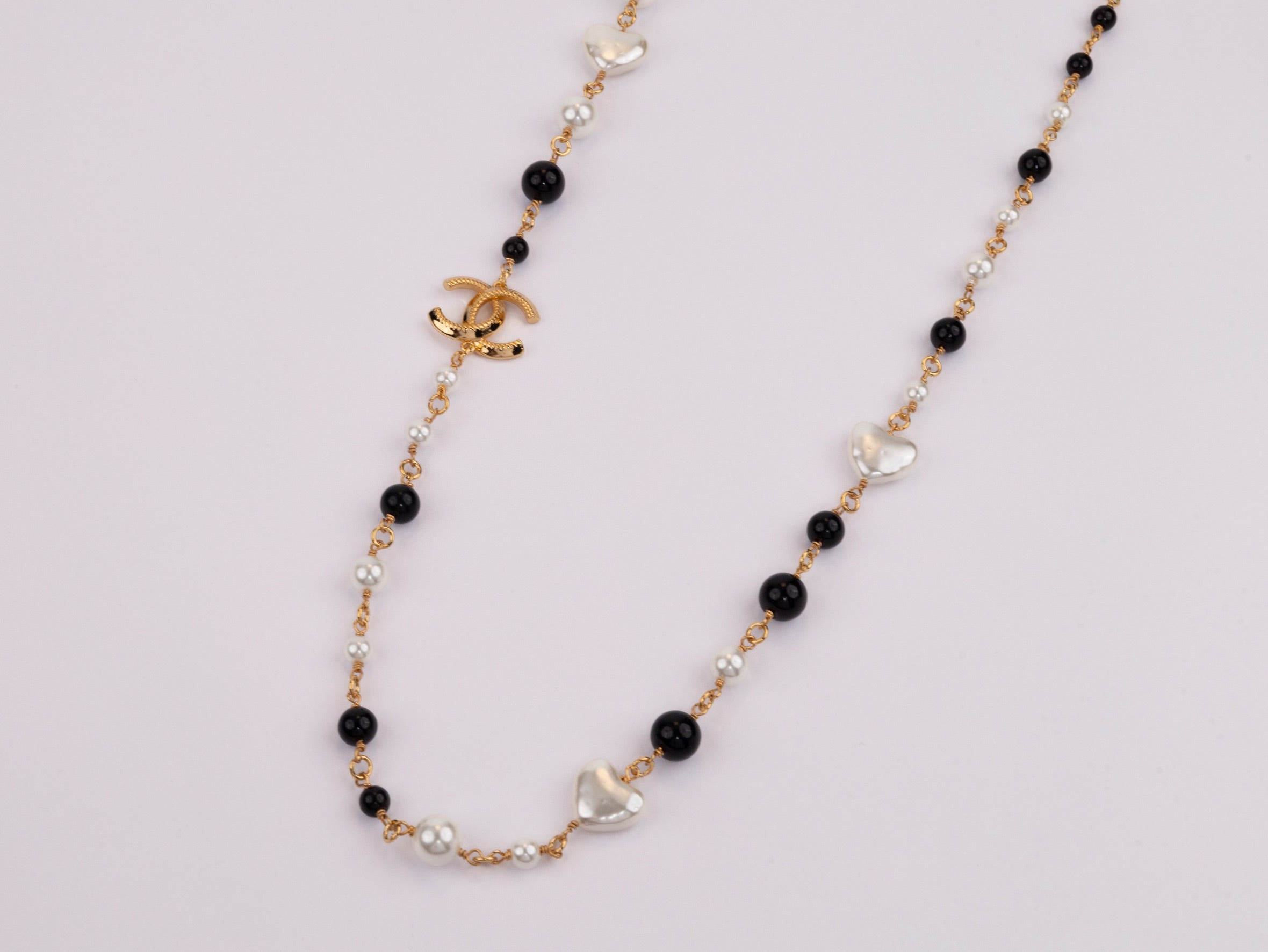 Gold Double C chain with Black beads, hearts and pearls