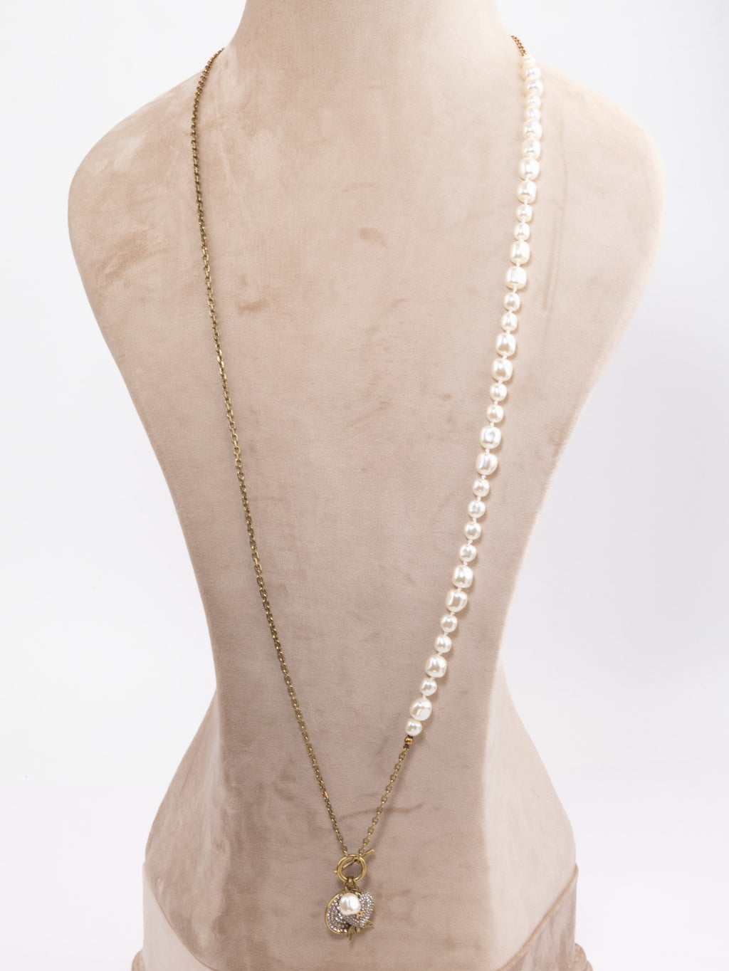 Rustic copper and pearl dragonfly and charms long chain