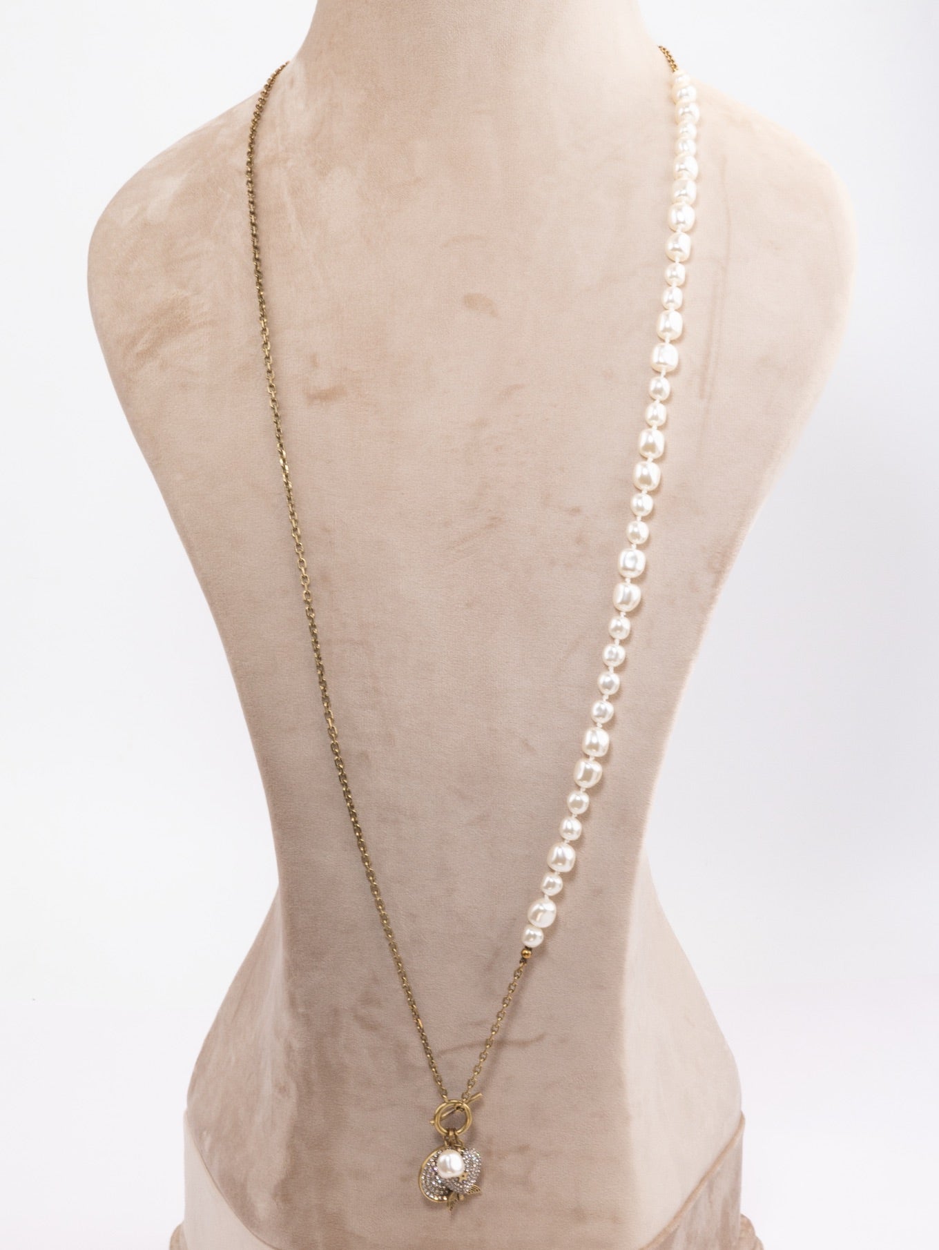 Rustic copper and pearl dragonfly and charms long chain