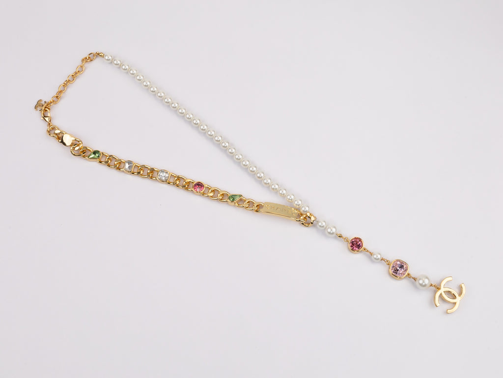 Half Gold and half Pearl Double C chain with mutlicolores stones and CZ
