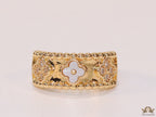 Golden ring band with MOP and cz clovers