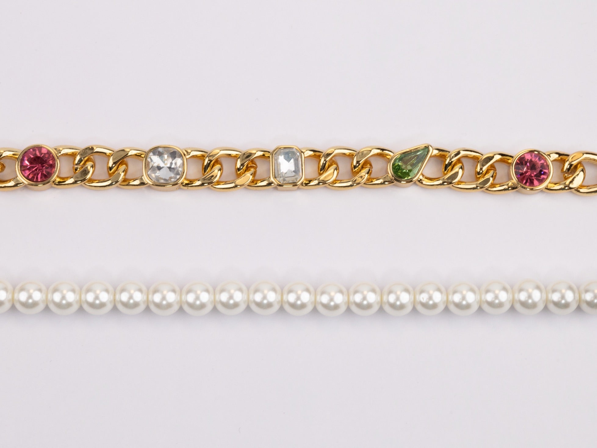 Half Gold and half Pearl Double C chain with mutlicolores stones and CZ