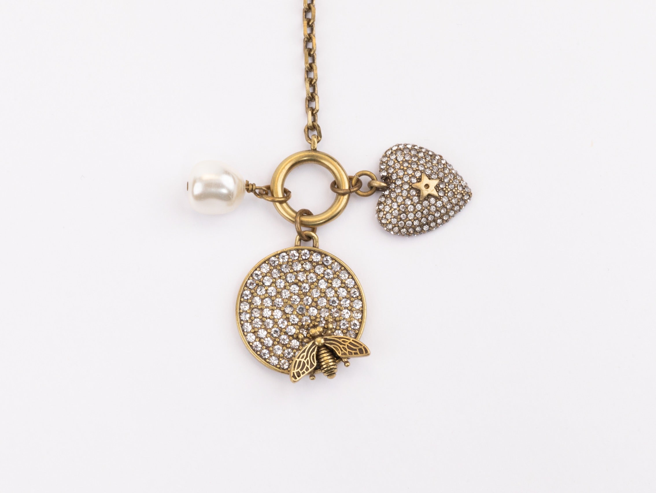 Rustic copper and pearl dragonfly and charms long chain