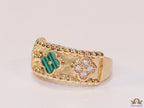 Golden ring band with malachite green and cz clovers