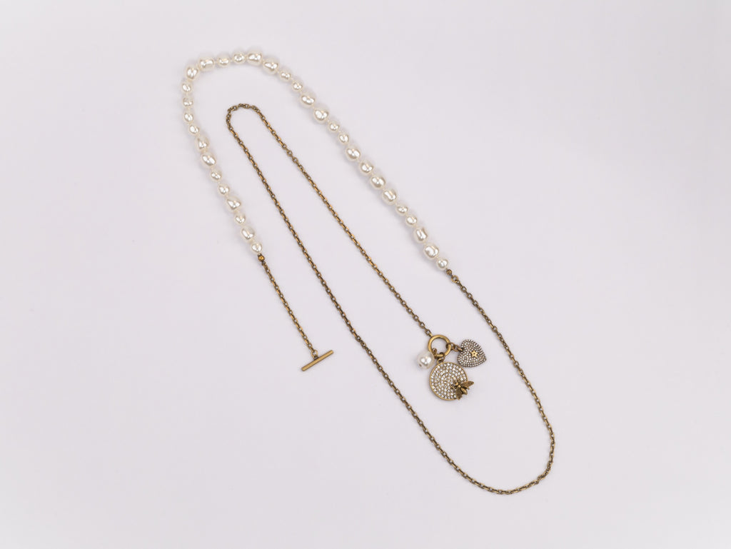 Rustic copper and pearl dragonfly and charms long chain