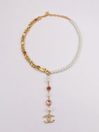 Half Gold and half Pearl Double C chain with mutlicolores stones and CZ